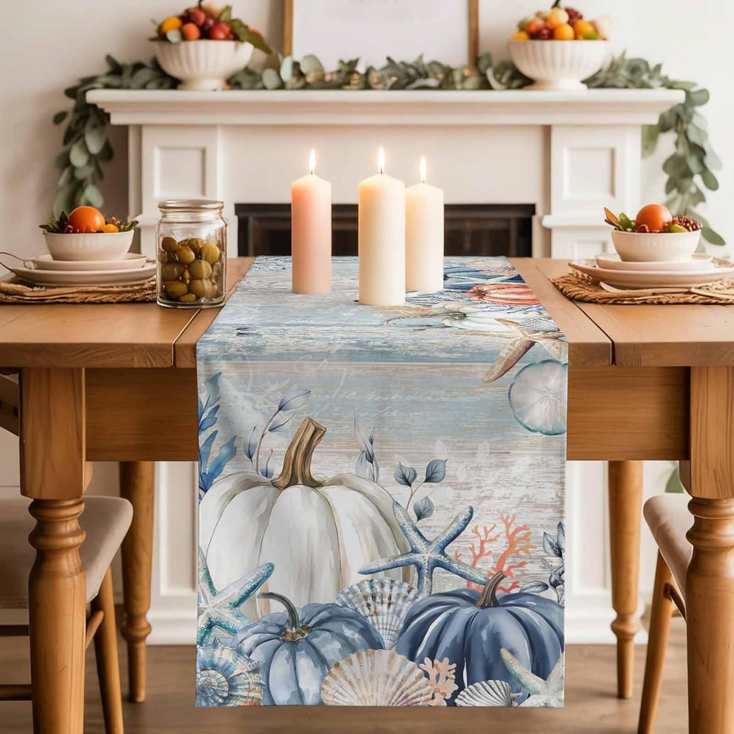 Coastal Beach Fall Table Runner - 72 Inch Long Thanksgiving Pumpkins Maple Leaf Retro Blue Cotton Linen Dress Scarves Farmhouse Table Runner for Kitchen Dining, Coffee Table, 13" x 72"
