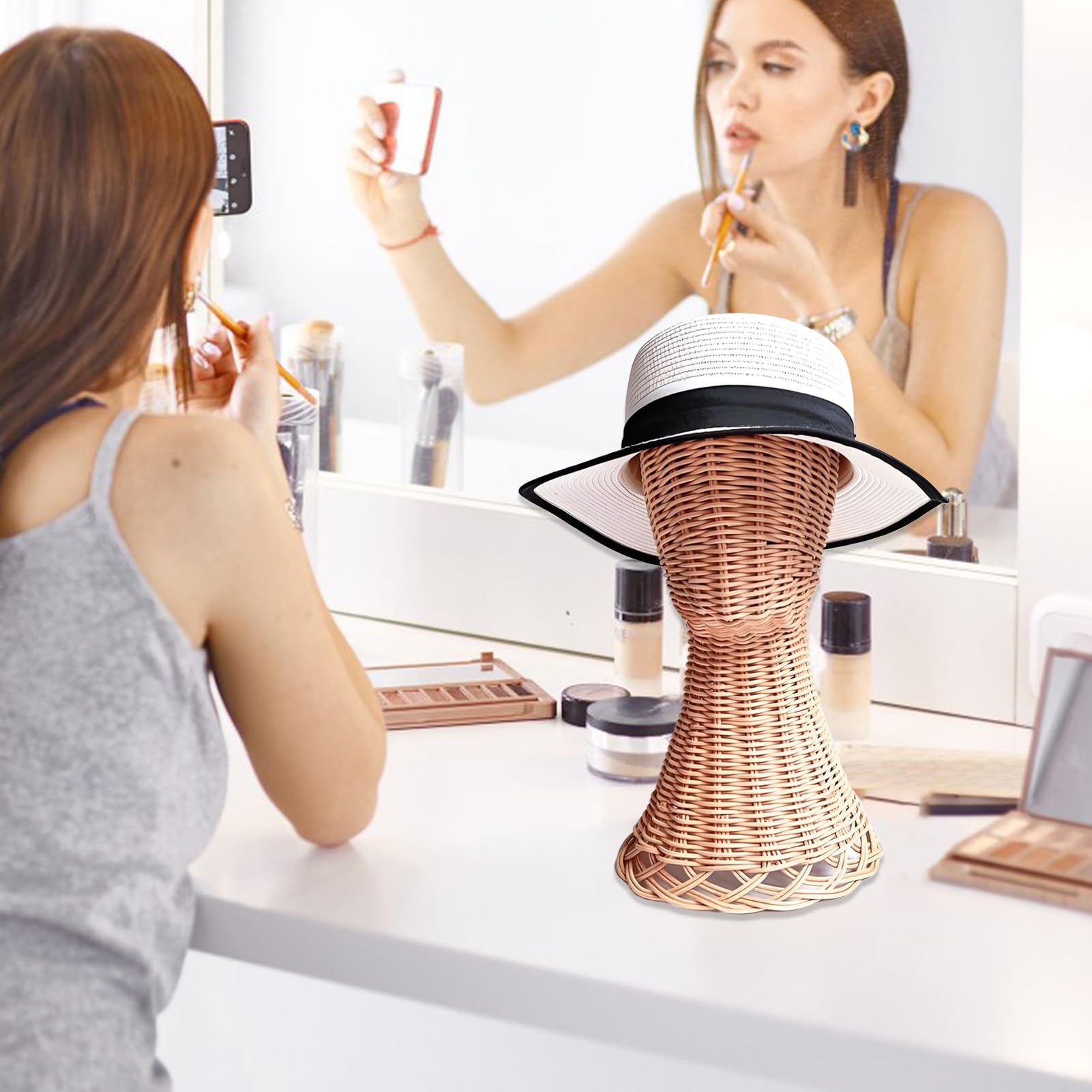 Soporte de exhibición de Sombreros: Cabeza de maniquí de ratán para organizar Bufandas y Sombreros, Estante de Mesa con Base sin Puntas, hogar, , Armario, peluquerías y