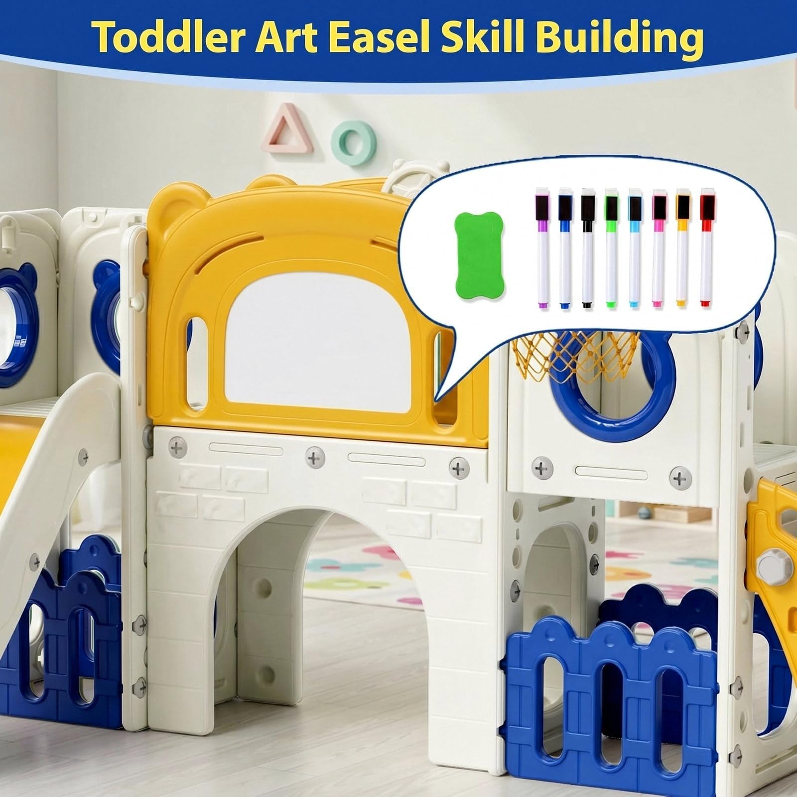 MAMIZO Parco Giochi Modulare 10 in 1 - Scivolo per Bambini da Esterno ed Interno con Canestro da Basket, Telescopio,Tunnel, Tavolo da Disegno,Spazzola e Vano Deposito (Giallo Verde), 4PCS Moduls