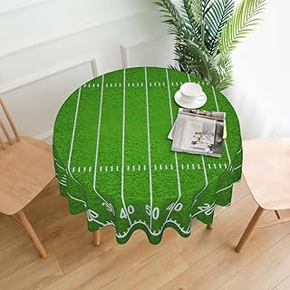 American Football Field Tablecloth Round Green Sport Theme Table Cloths Circular Table Cover Reusable Waterproof and Washable Wipeable Polyester Tabletop for Dining Kitchen Party Decor 60 Inch