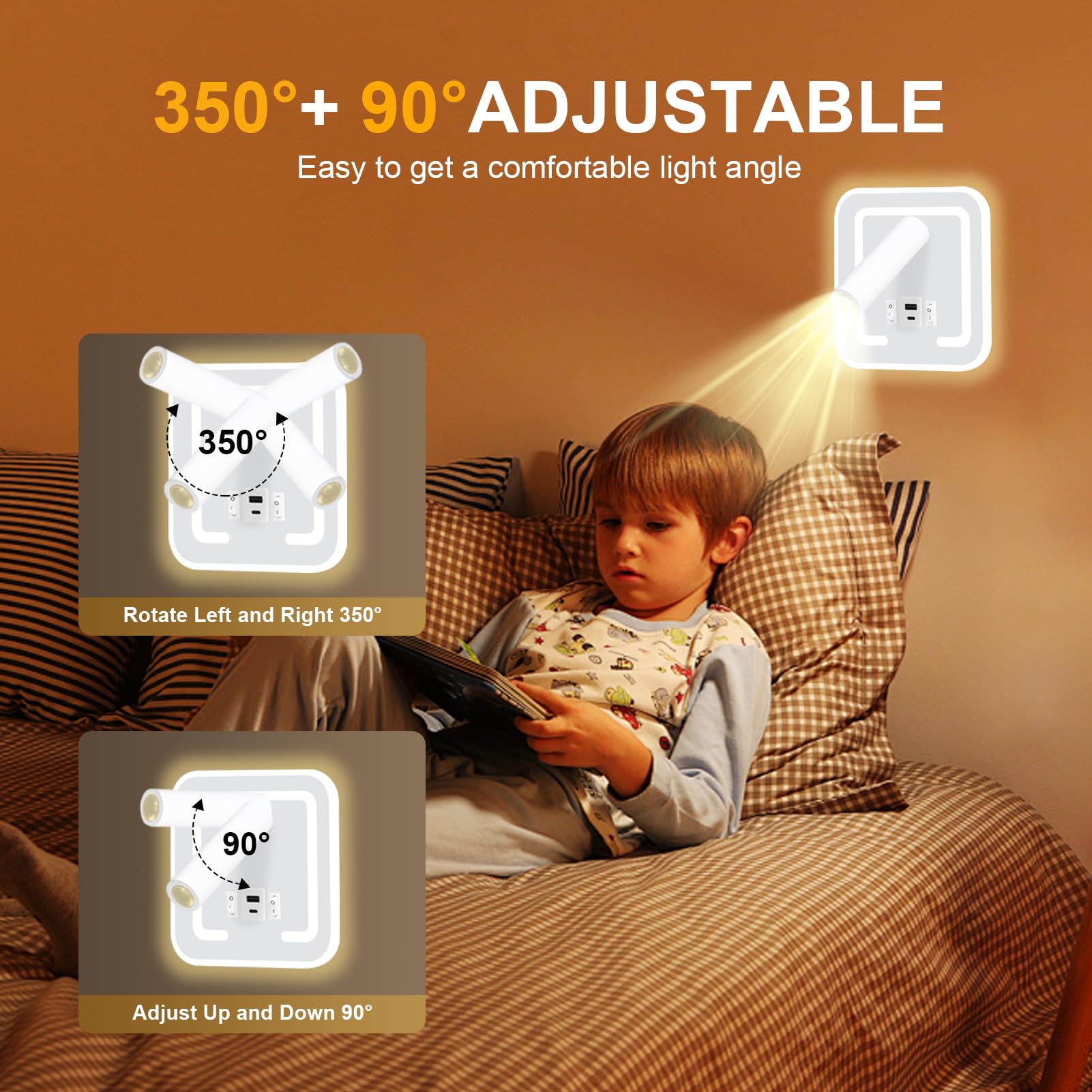 HUIZHOU Leeslamp Muurgemonteerde 3W 9W LEIDENE Leeslamp, USB Oplaadpoort, 3000K Roterende Bedside Lamp Geschikt voor Slaapkamer, Trappen, Gangs, Kantoren (Vierkant wit