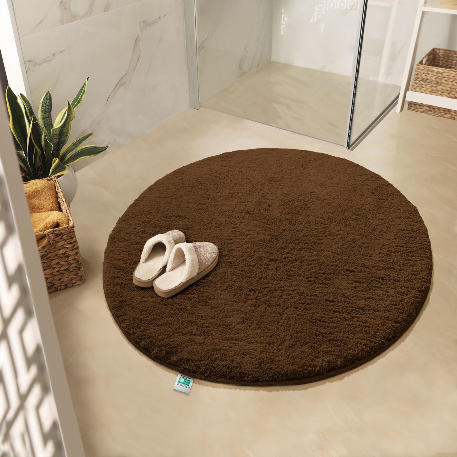 Karat Brown Sky Round Bath Mat, Dense, Fluffy, Non-Slip, Washable, Tested For Harmful Substances (, 95 Cm (Round))