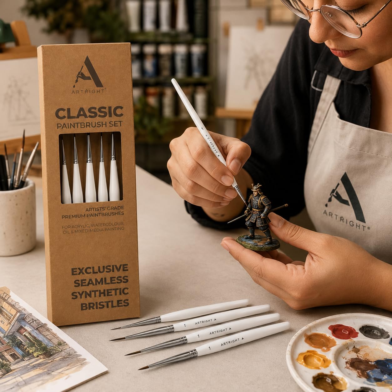 ArtRight Artist Detailing Synthetic Brush Set 5Pcs - Wooden Professional Painting Fine Liner Brush for Acrylic, Nail Art & Model Painting (3 Liner Brushes of Sizes #00000, 2 Precision Brushes of #1) 1