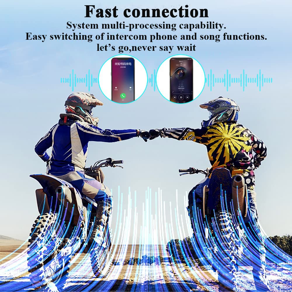 QSPORTPEAK Auriculares intercomunicadores de Grupo Bluetooth para Casco de Motocicleta,Alcance de 2000m/uso compartido de música/selección de Tono de Varios países(2 Pieza)