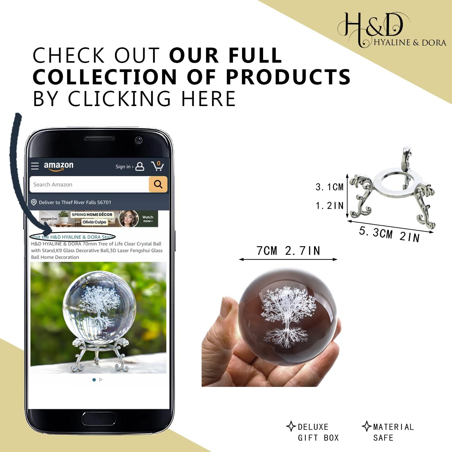 H&D HYALINE & DORA Sfera di cristallo dell'albero della vita da 70 mm con supporto, sfera decorativa in vetro K9, decorazione domestica 3D Laser Fengshui