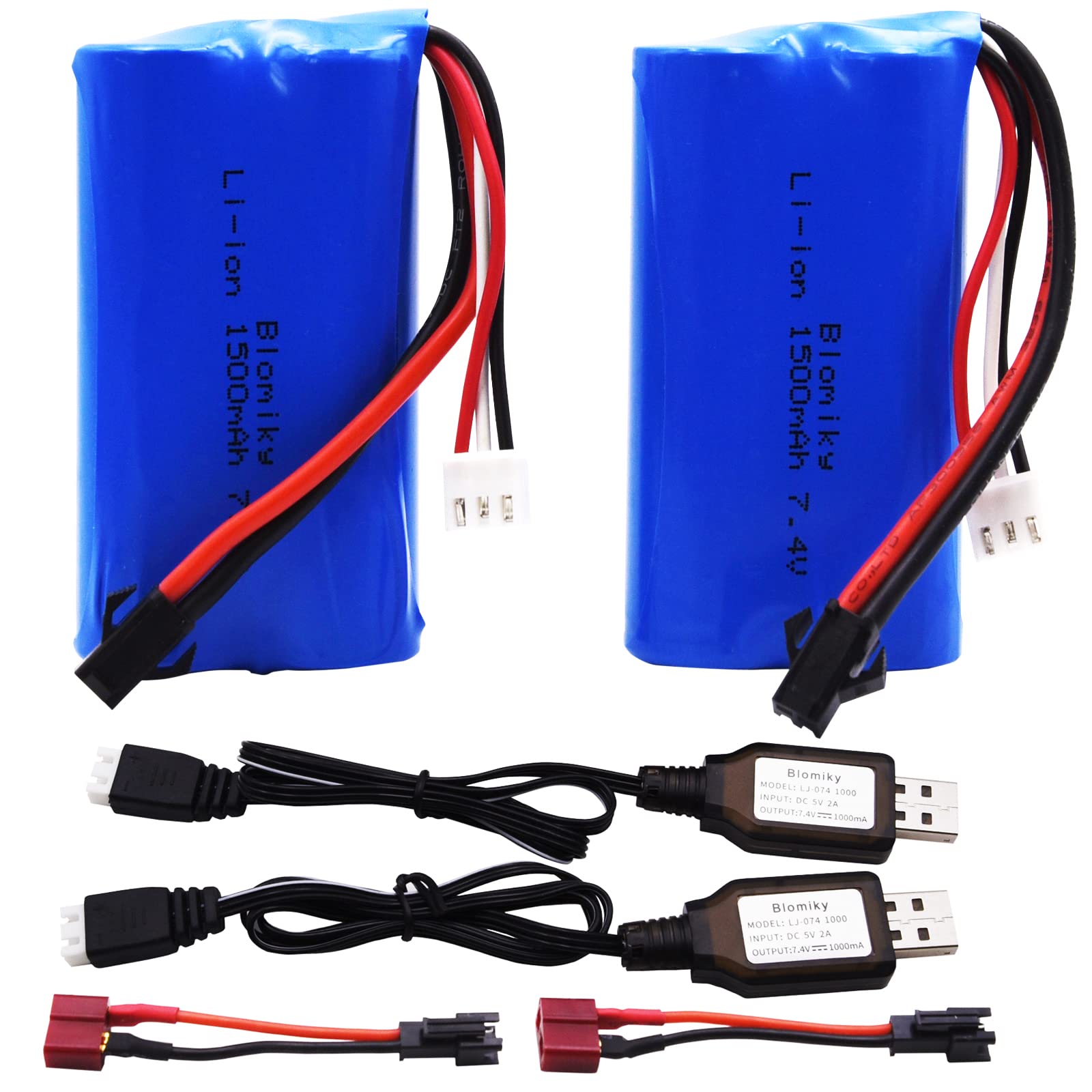 Blomiky 2 Pack 7.4V 1500mAh Li-ion Rechargeable Battery SM-2P Plug with T Adapter and USB Cable Suitable for H101 H103 H105 RC Boat RC Trucks H101