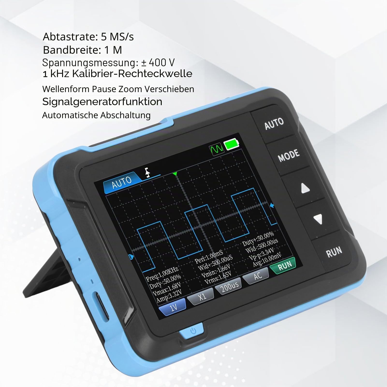 Handoszilloskop, Tragbares Digitales Oszilloskop-Multimeter mit 2 Kanälen, Professionelles Kfz-Oszilloskop mit 1 MHz Bandbreite, 5,0 MS/s Abtastrate und 2,8-Zoll-TFT-LCD-Display