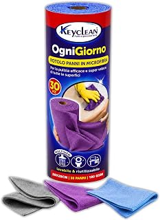 KEYCLEAN Panni in Microfibra a Strappo per Pulizia Casa, Cucina, Auto - ROTOLO 30 STRAPPI - Panno Multiuso 28x28cm per Pulire e Asciugare Superfici - Lavabili e Riutilizzabili - No Pelucchi - 180 GSM