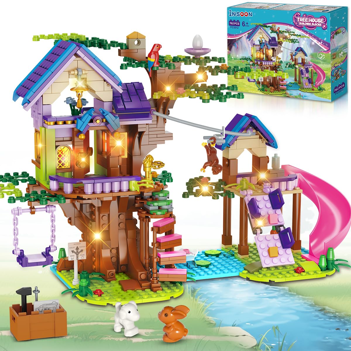 INSOON Juego de Construcción de Casa de Árbol con Luz, Juguete de Construcción de Casa de Árbol de 762 Piezas, Kit de Casa de Bosque de Regalo para Niños Niñas Edades 6-12+