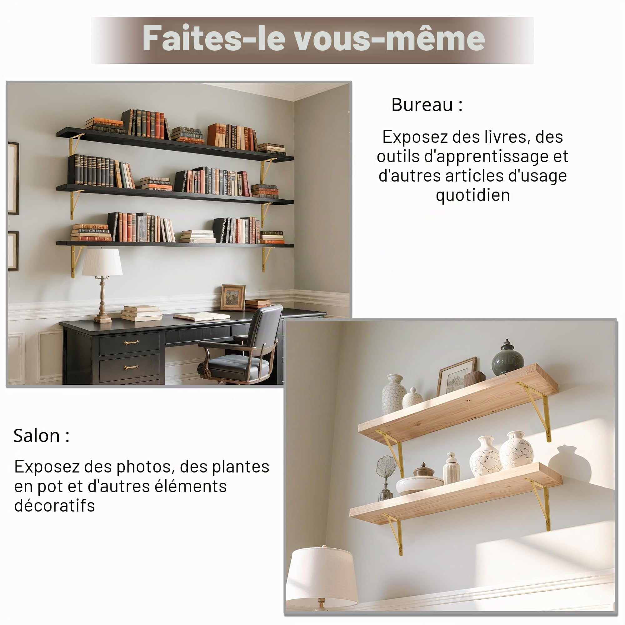 Lot de 12 supports d'étagère triangulaires dorés à angle droit pour étagère murale 25,4 cm