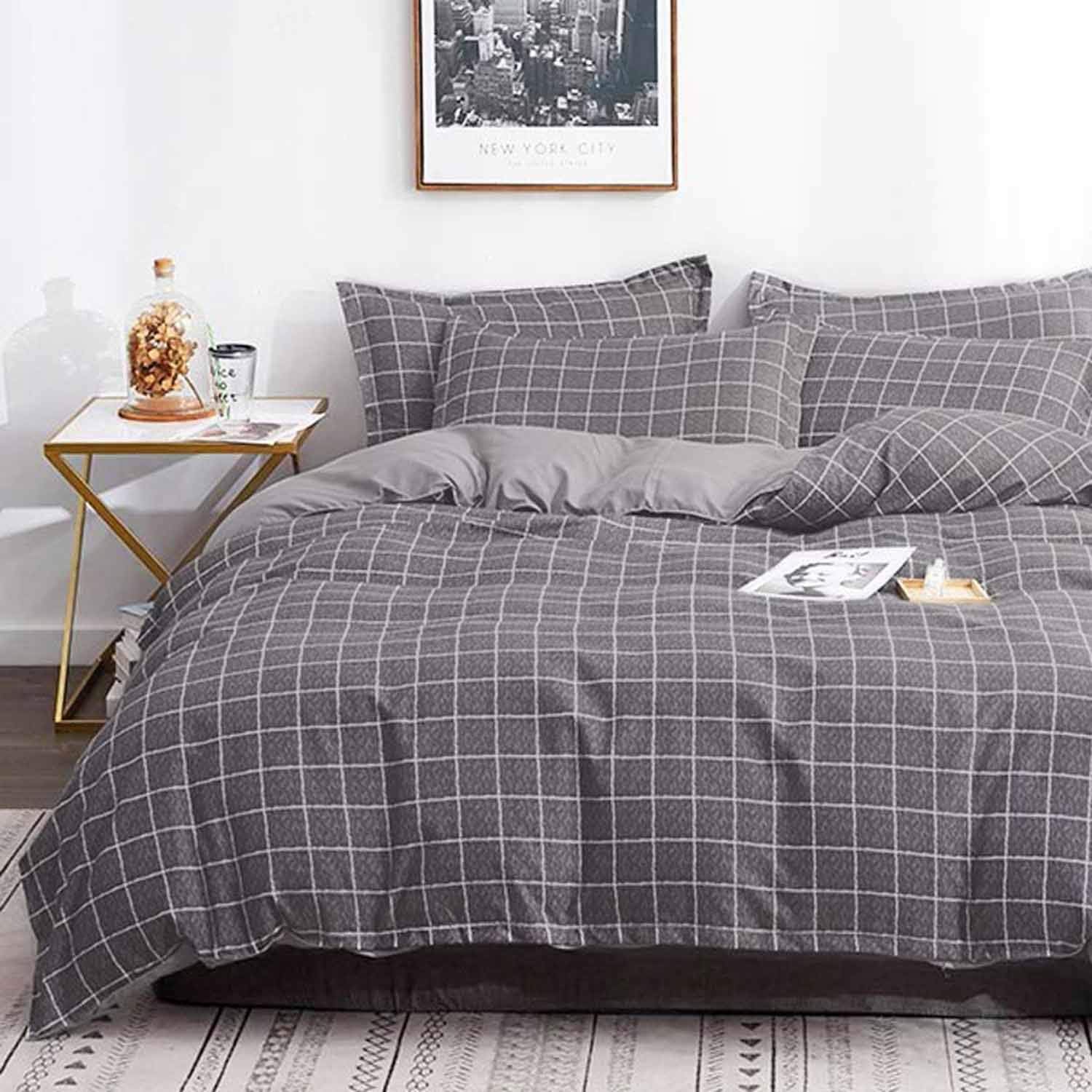 Duvet Cover Queen Set - 90x90 Luxury Soft Microfiber Lightweight Grid Geometric Modern Duvet Quilt Covers with Zip Ties - 3 Piece (1 double cover, 2 bed pillowcase) for Boys Men, Grey Gray Plaid
