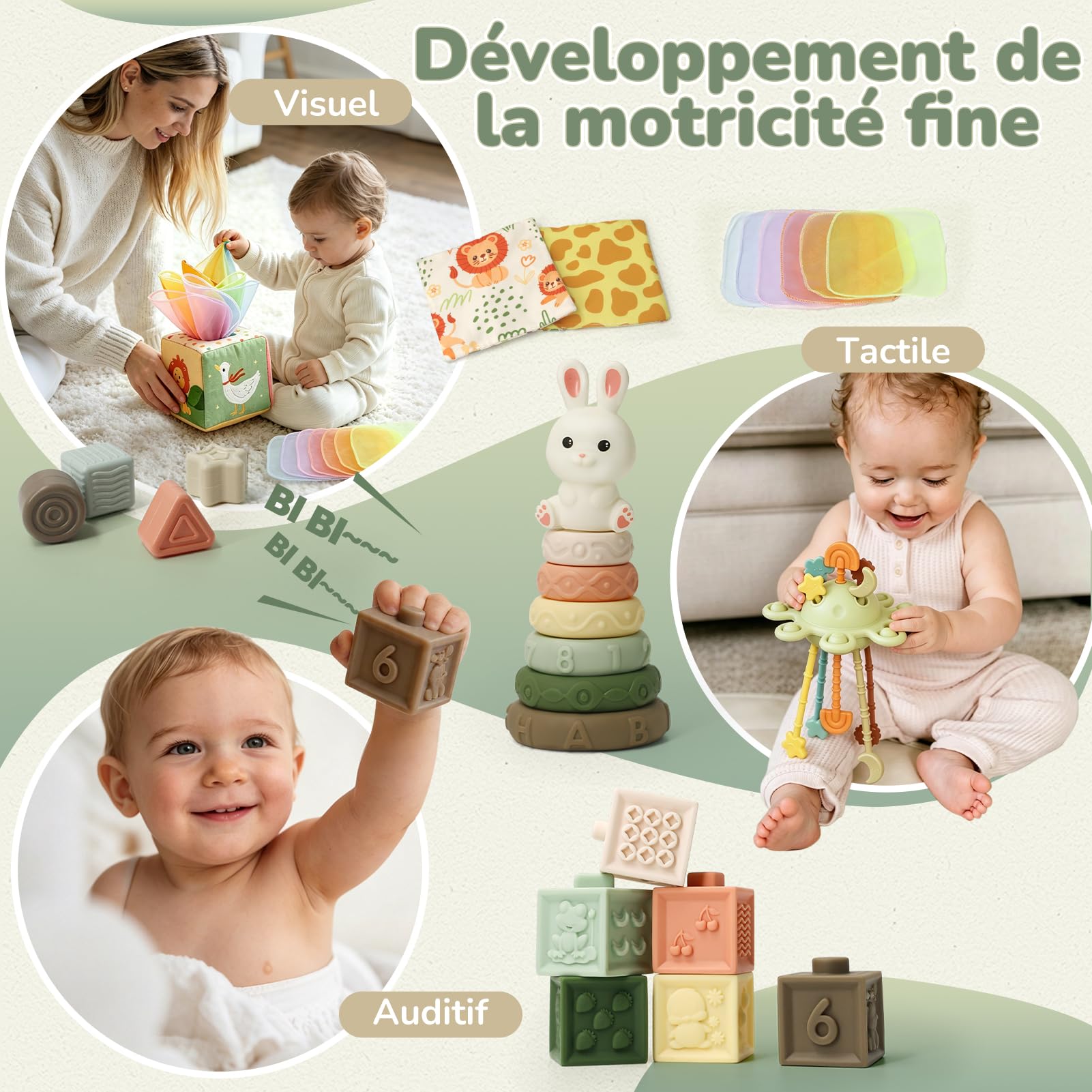 5 en 1 Jouet Bébé 6 Mois Montessori – Jeux d’éveil 6-12 Mois avec Trieur de Formes, Boîte à Mouchoirs, Empilement | Jouet Sensoriel Cadeau pour Enfants 7 8 9 Moiss(5-en-1)