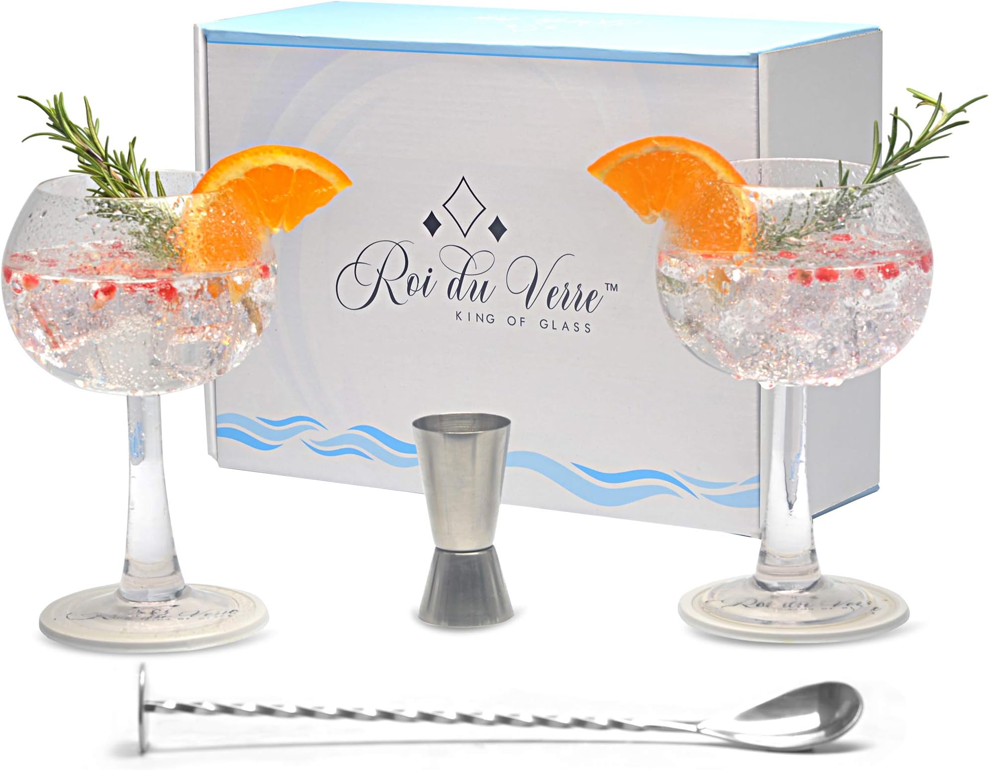 Gin Glass Cocktail Set with 2 Balloon 680ml Gin Glasses and All Cocktail Accessories - Cocktail Spoon, Measuring Cup and 2 Silicone Mats Presented in a Delightful Gift Box - The Perfect Gin Gift Set