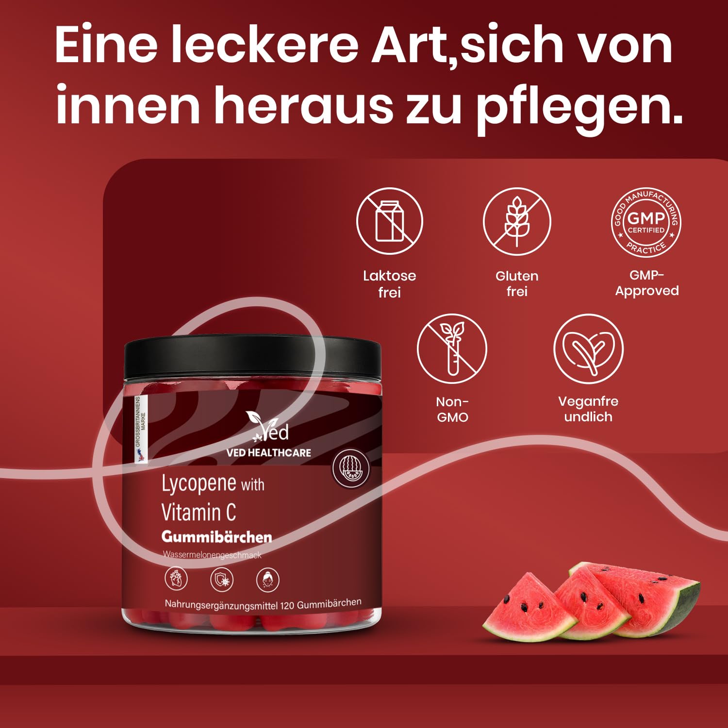 VED Lycopin-Gummibärchen mit Wassermelonengeschmack für Männer und Frauen, zur Unterstützung von Haut und Sehkraft, pflanzlich, vegan, gentechnikfrei, 120 Gummibärchen für die tägliche Einnahme.