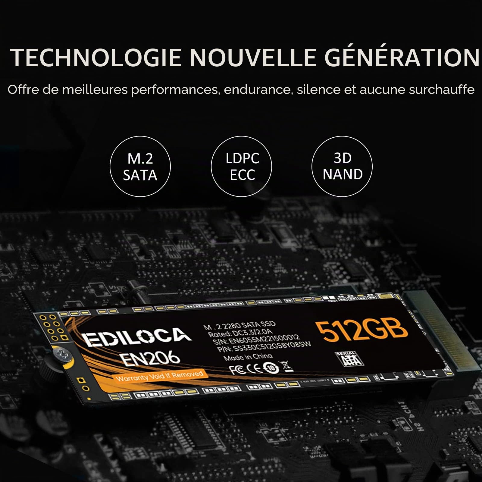 Ediloca Disque Dur Interne EN206 256 Go 3D NAND M.2 SSD, M.2 2280 SATA III 6 Go/s SSD, Vitesse de Lecture/écriture jusqu'à 550/460 Mo/s, Compatible avec Ultrabooks, tablettes et Mini PC