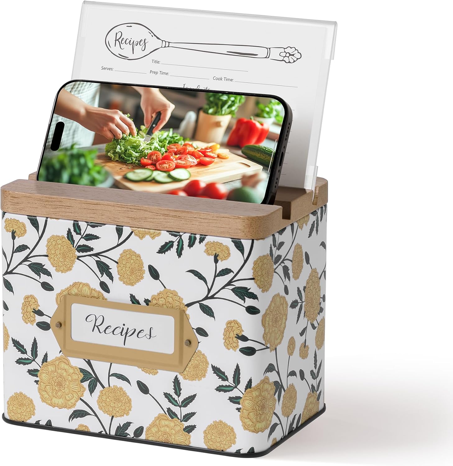Cabbrix Recipe Box with 50 Cards and 24 Dividers, 4x6 Recipe Card Box Set, Wooden Lid with Phone Holder and Recipe Holder, Beautiful Metal Recipe Organizer, Flowing Gleam