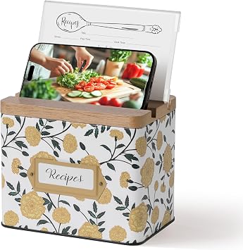 Cabbrix Recipe Box with 50 Cards and 24 Dividers, 4x6 Recipe Card Box Set, Wooden Lid with Phone Holder and Recipe Holder, Beautiful Metal Recipe Organizer, Marigold
