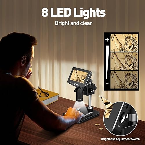 Miniatura 3 de Microscopio digital IPS de 4.3 pulgadas con pantalla, microscopio digital 1000X, microscopio de monedas HD 1080P con luz, 8 luces LED ajustables,