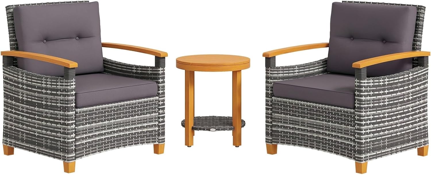 Premium 3 Pieces Wicker Patio Bistro Set Wodd Frame Outdoor with Cushions, Gray