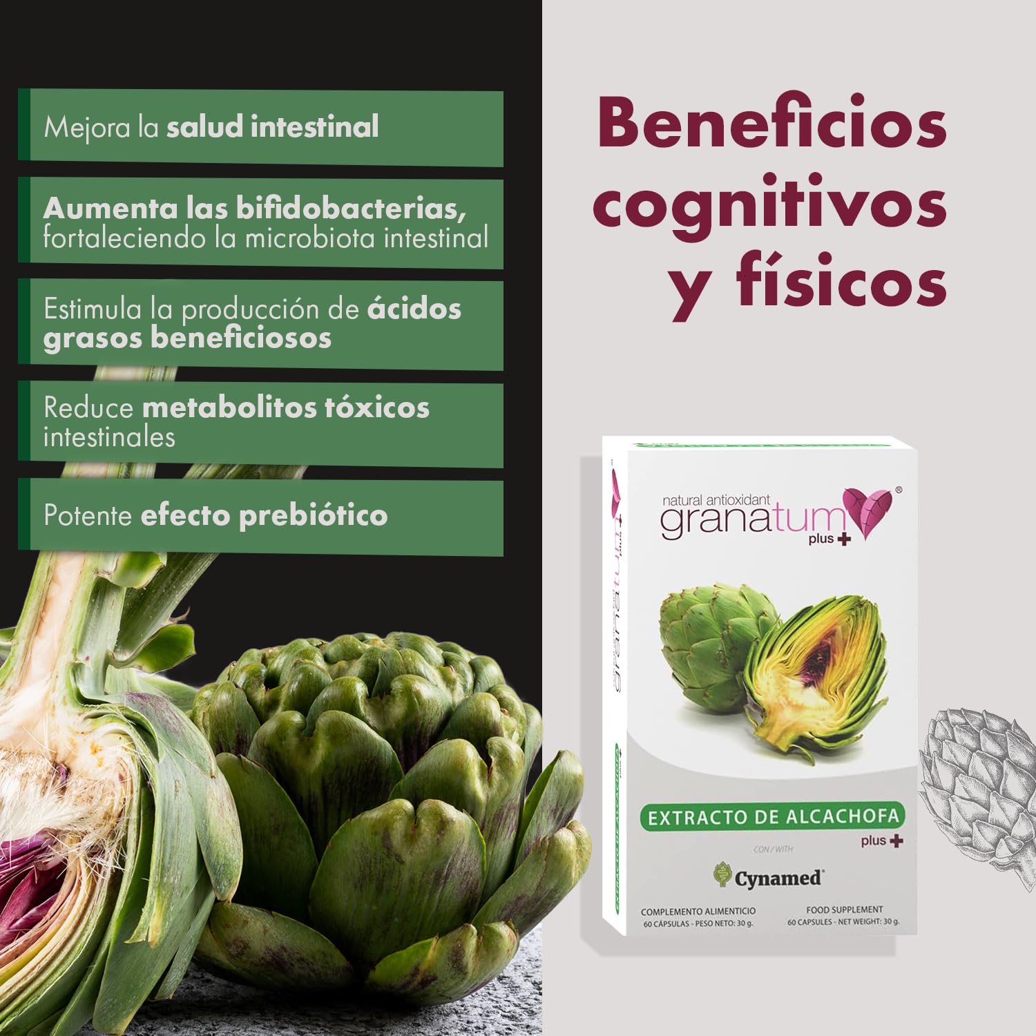 Granatum Plus - Extracto de Alcachofa con Cynamed - Suplemento Alimenticio - Detox Hepático y Digestivo - Bienestar Metabólico - Diurético Natural - Producido en España - 3 Caja 60 Cápsulas