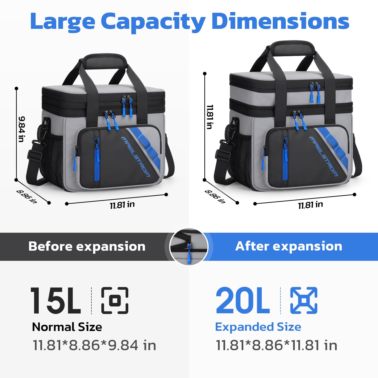 Maelstrom 20L Kühltasche, isolierte Lunch Tasche mit 2 Fächern | Erweiterbar, hält 16 Std. kalt, auslaufsicher, mehrere Taschen, leicht zu tragen, ideal für Arbeit, Reisen, Strand, Camping