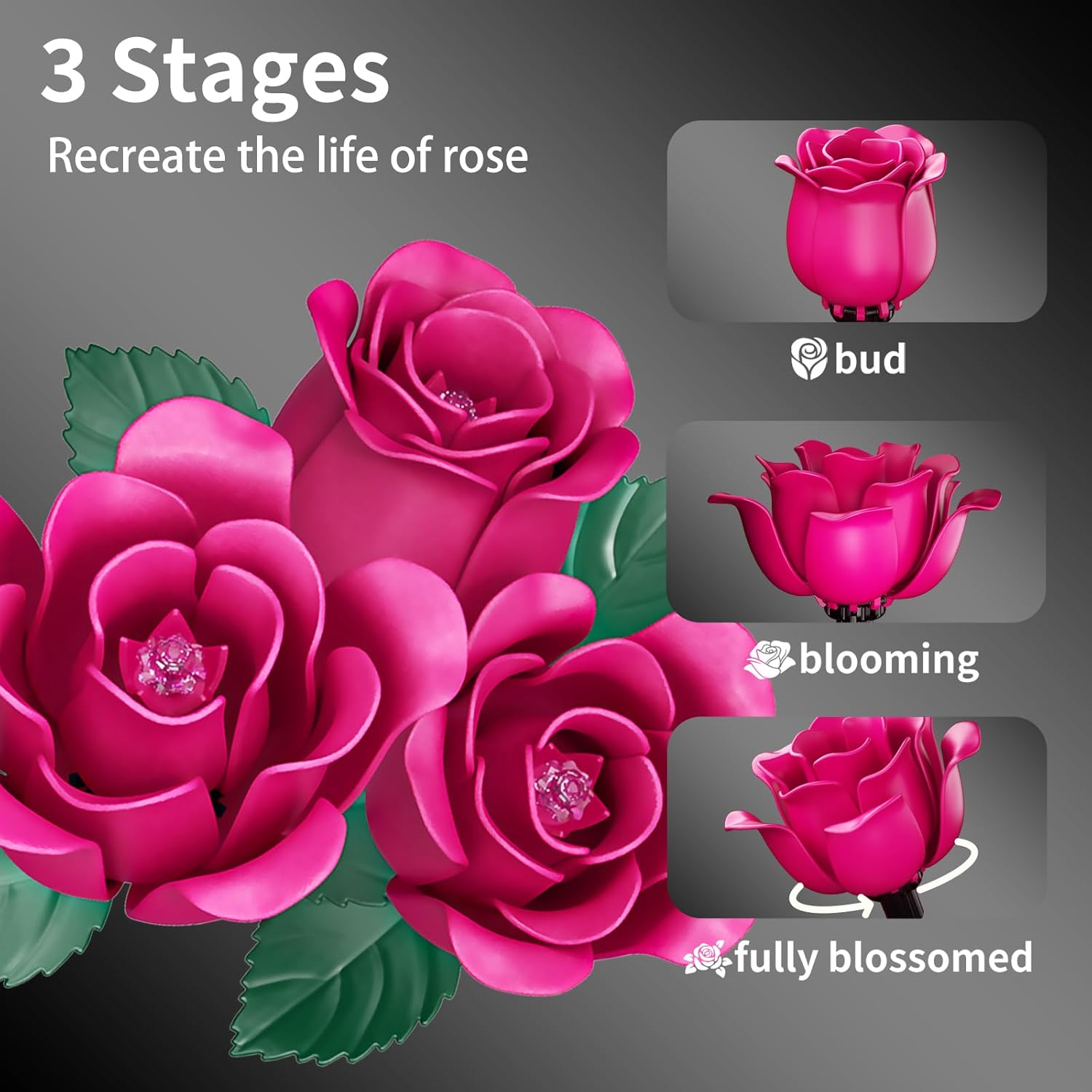 Rose Bouquet Building Set, Rotatable Control for Flowering Flowers Botanical, Christmas Valentine's Day Gifts for Adults - Gothic Home Office Table Bookshelf Decor