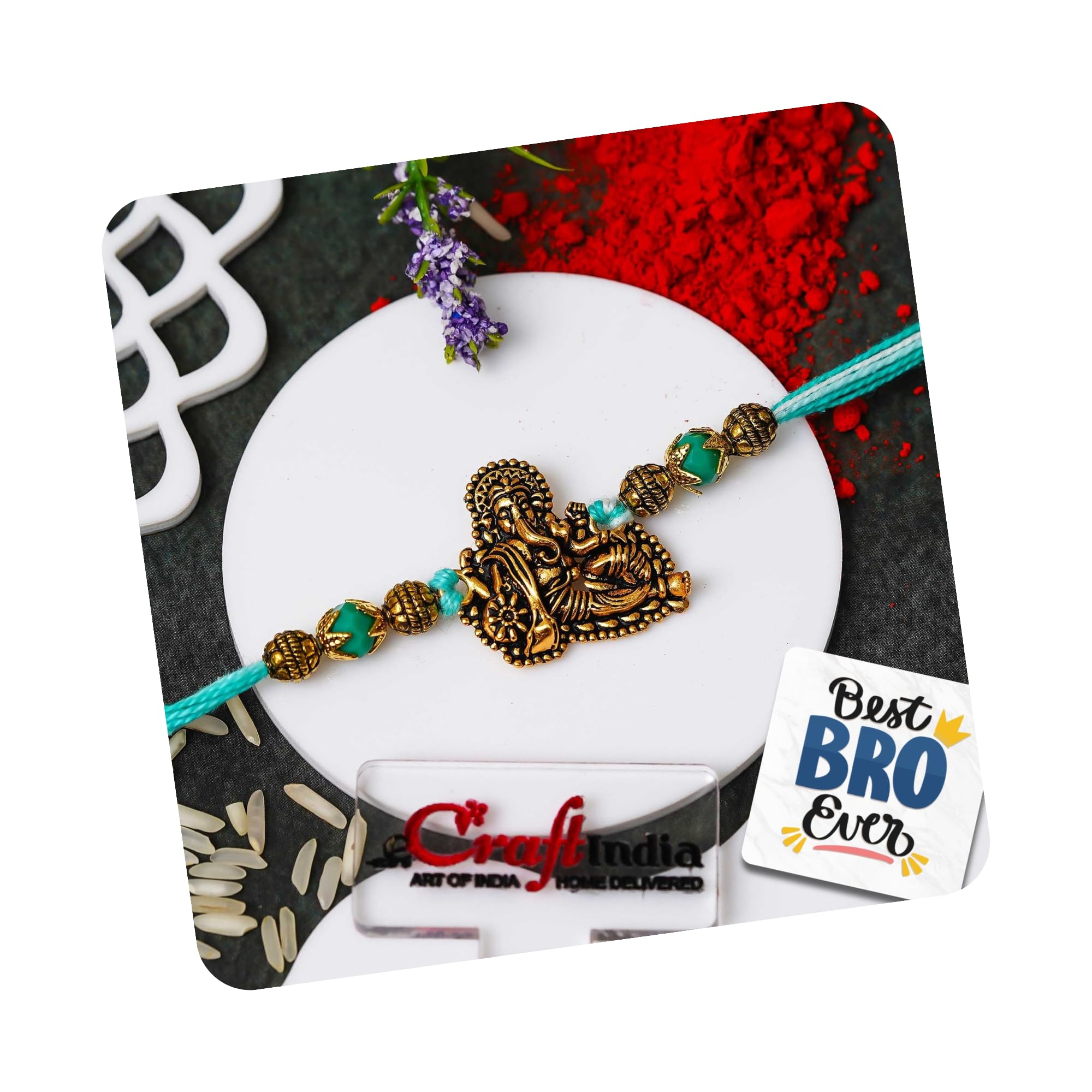 eCraftIndia Golden Lord Ganesha Designer Rakhi for Brother | Raksha Bandhan Rakhi for Bhai Bhaiya | Best Bro Ever Fridge Magnet | Roli Chawal Pack-image-26