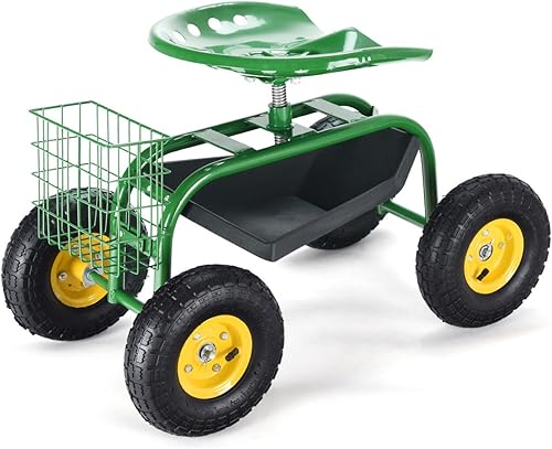 Miniatura 4 de Giantex Asiento de trabajo de jardín rodante, asiento de trabajo de jardinería giratorio 360 con ruedas, cesta de herramientas, altura ajustable,