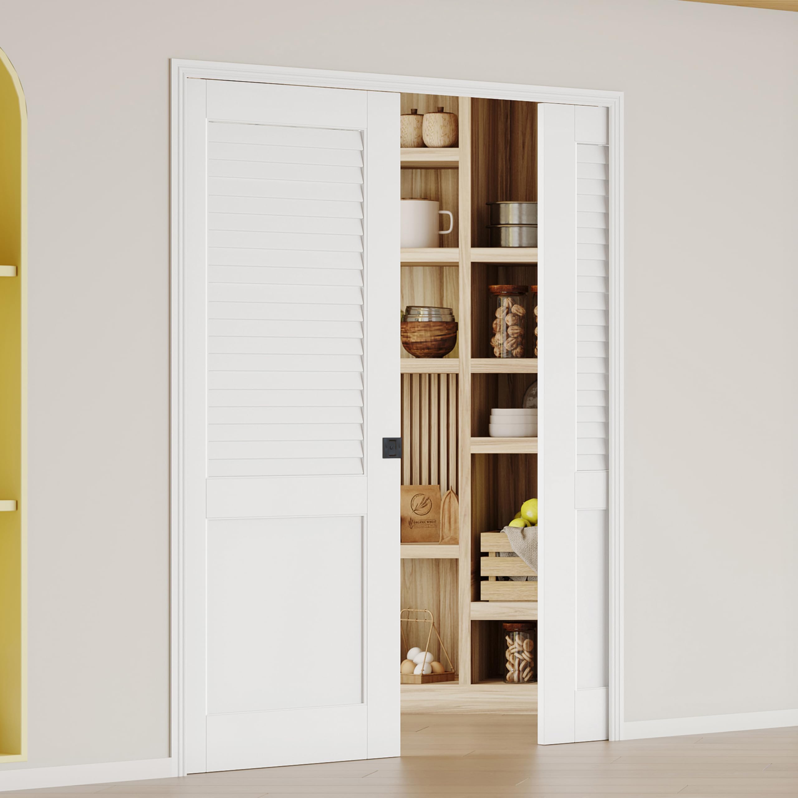 Sliding Pocket Door, 64" x 80", Half-Panel Louvered Pantry Doors with Frame and Hardware Kit, Interior Door, White Primer Closet Doors - No Panel Assembly Required