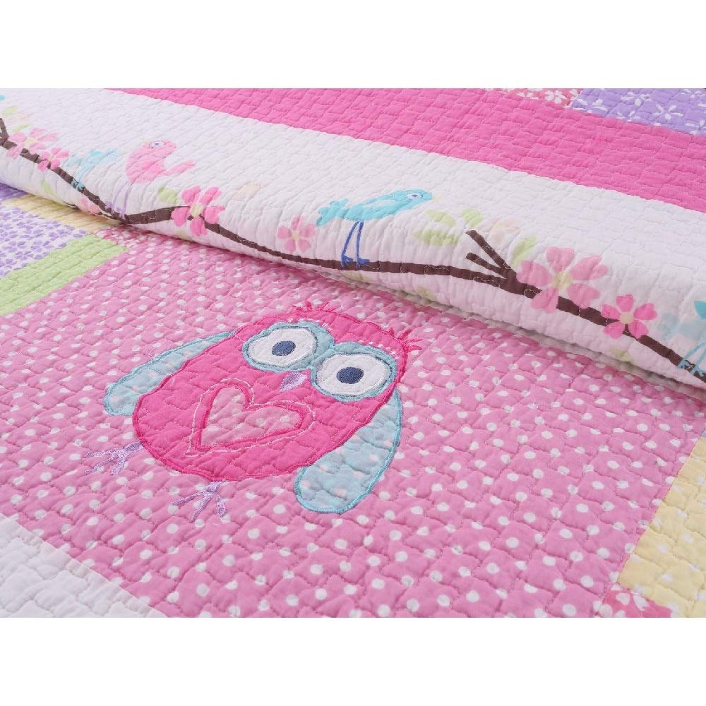 HNU 3 Pieces Owl Quilt Set Queen, Pink Kids Bedding Embroidered Animal Floral Print Birds Colorful Beautiful Bright Lovely Cute Pretty Whimsical Soft Cozy Comfy Cotton