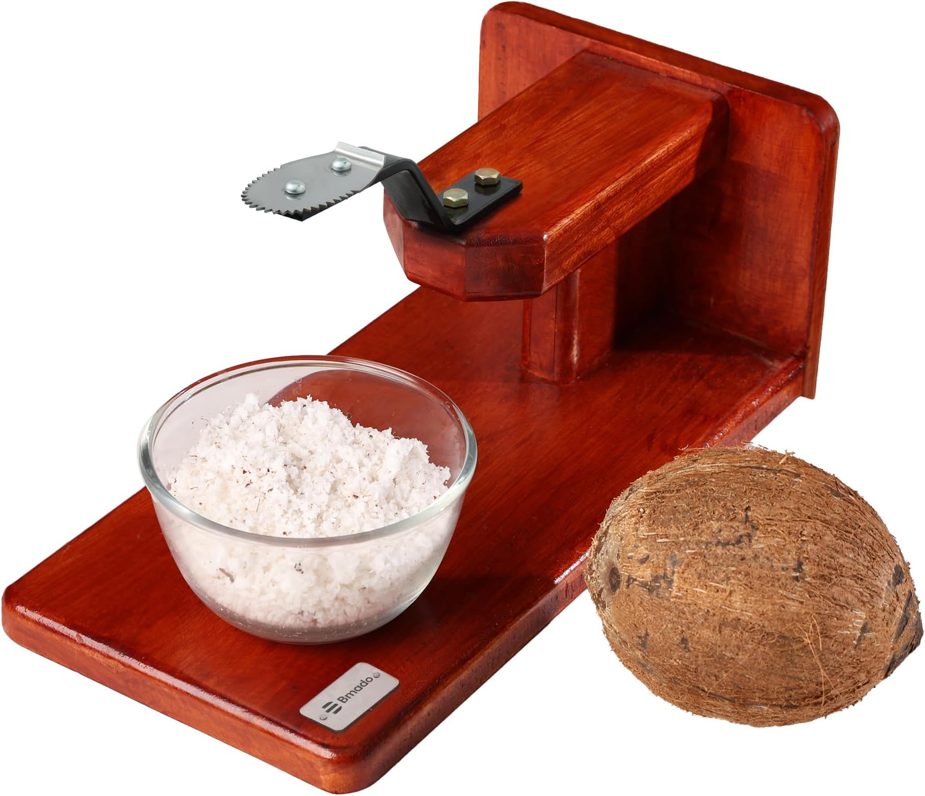 Bmado Traditional Polished Wooden Table-Top Manual Coconut Scraper โ Chirava Grater Thengai Thuruvi with Stainless Steel Blade, Comfortable to Use (Weight - 1100 Gram)