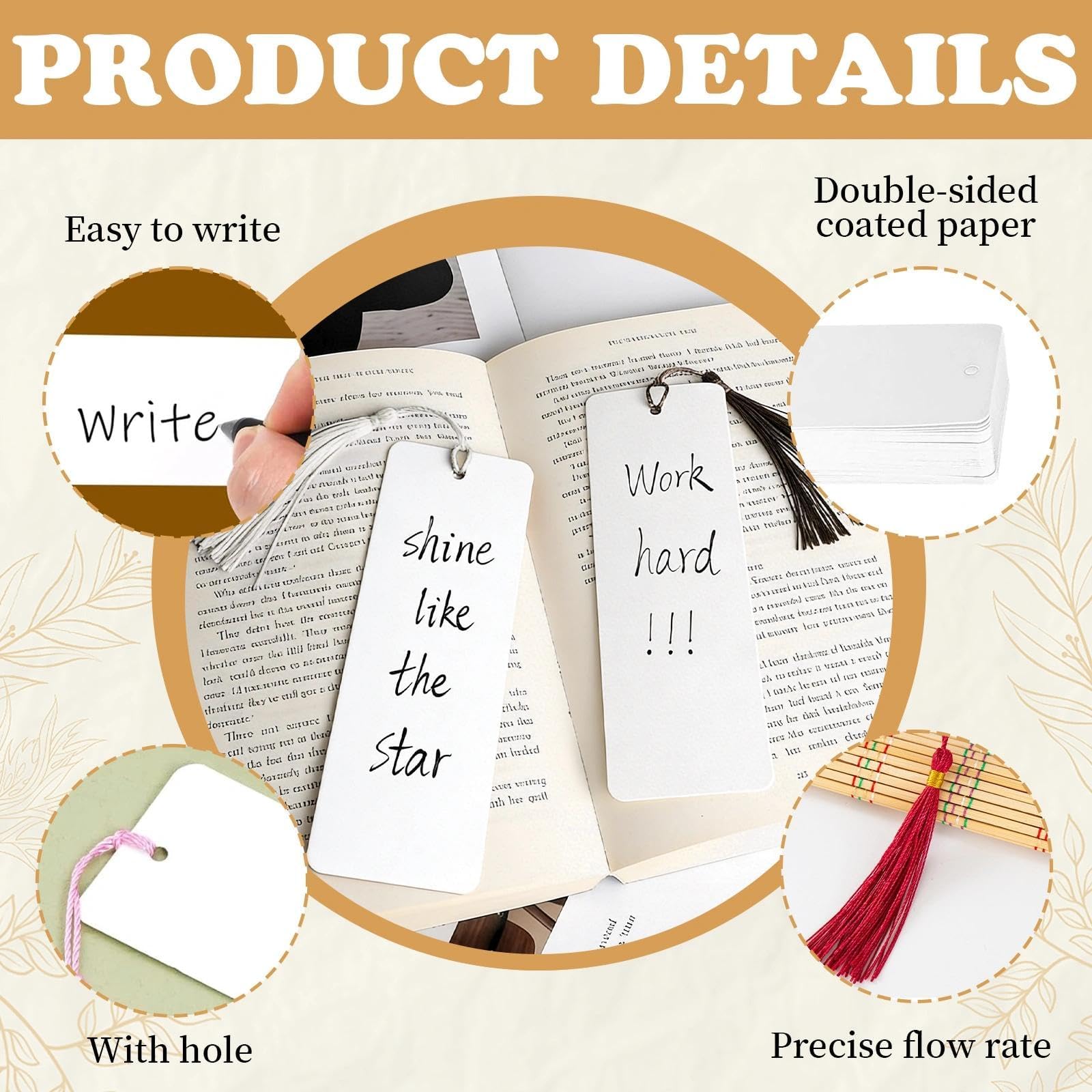 Marcapaginas Papel Personalizado 14x4.9 cm con Agujero Borlas 90 Piezas (Blanco)