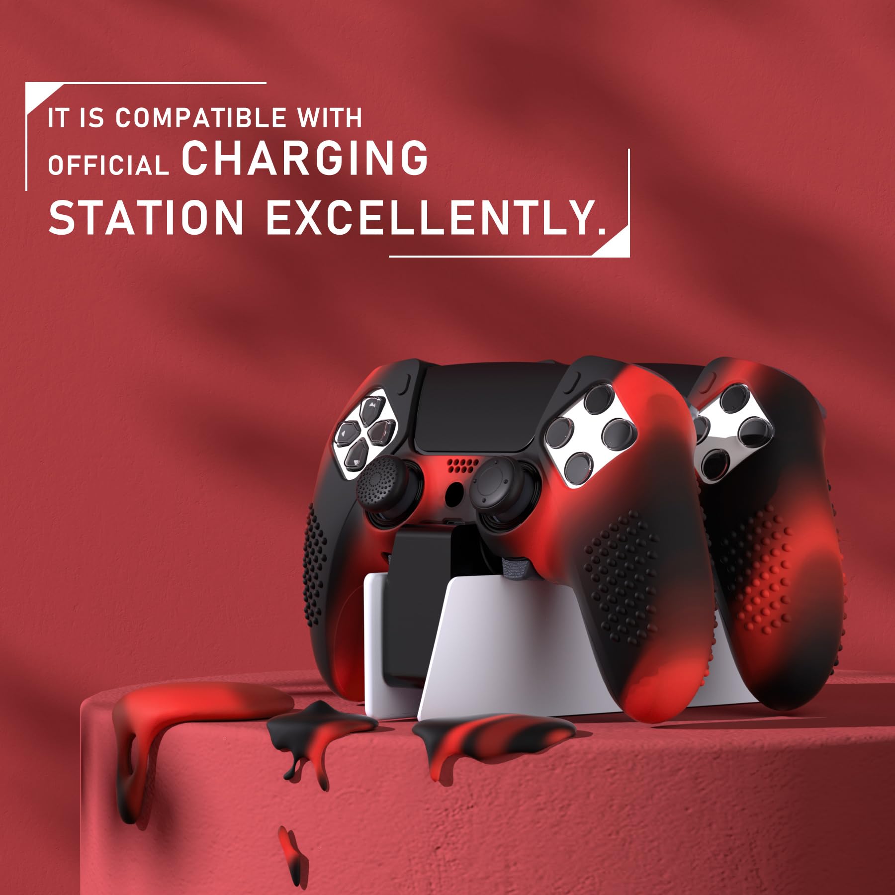 PlayVital Ochronny do ps5 Edge Controller,Miękka Gumowe Ochraniacz Skóry do ps5 Edge,Silikonowe Etui do ps5 z 6 szt Nakładkami Joysticka-Czerwony & Czarny(3D Studded Edition)