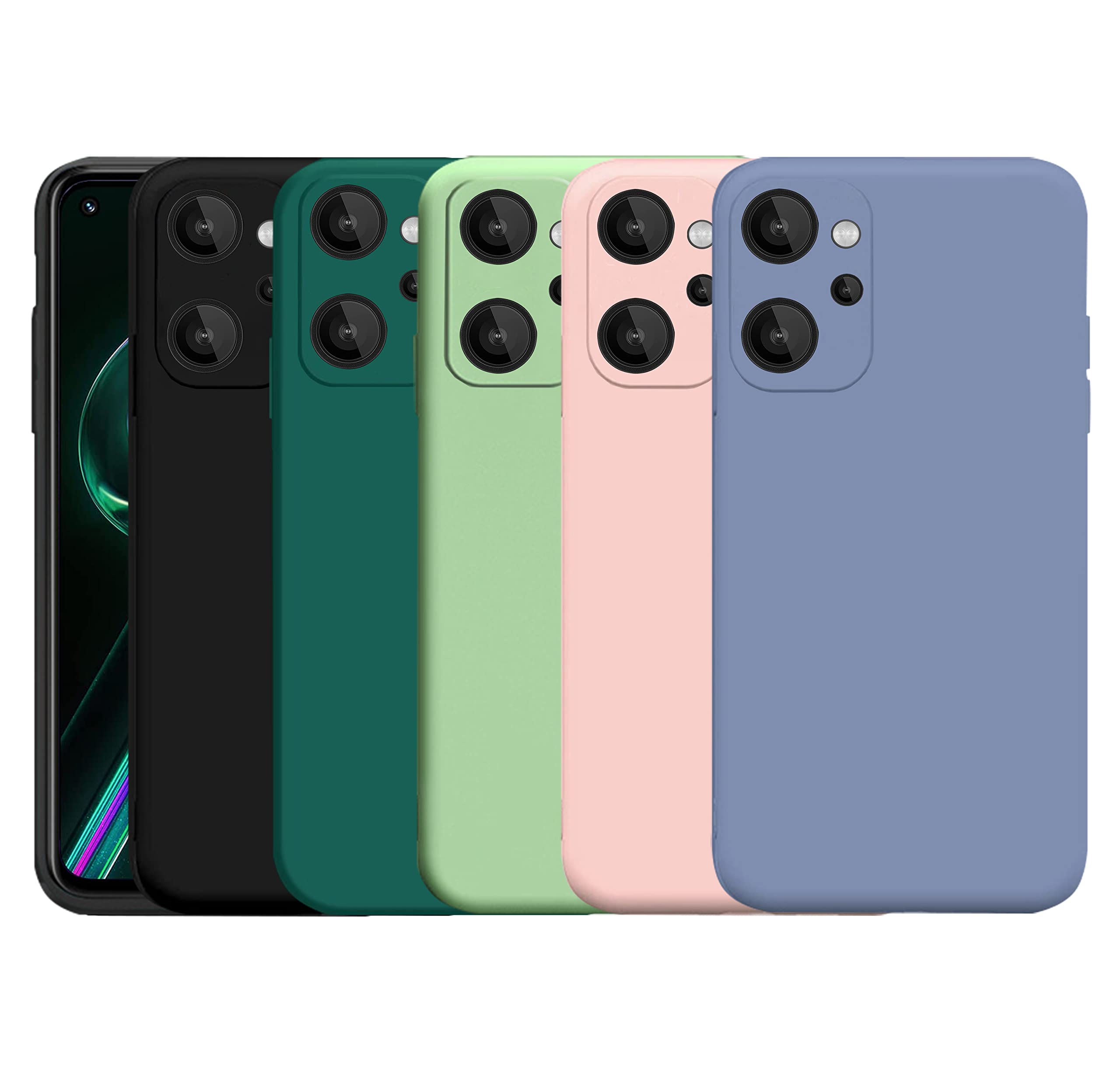 Cover in Silicone per Realme 9i (6,6), 5 Custodia Morbida in TPU Silicone Opaco Sottile con Protezione della Fotocamera (Nero + Verde Scuro + Verde + Rosa + Azzurro