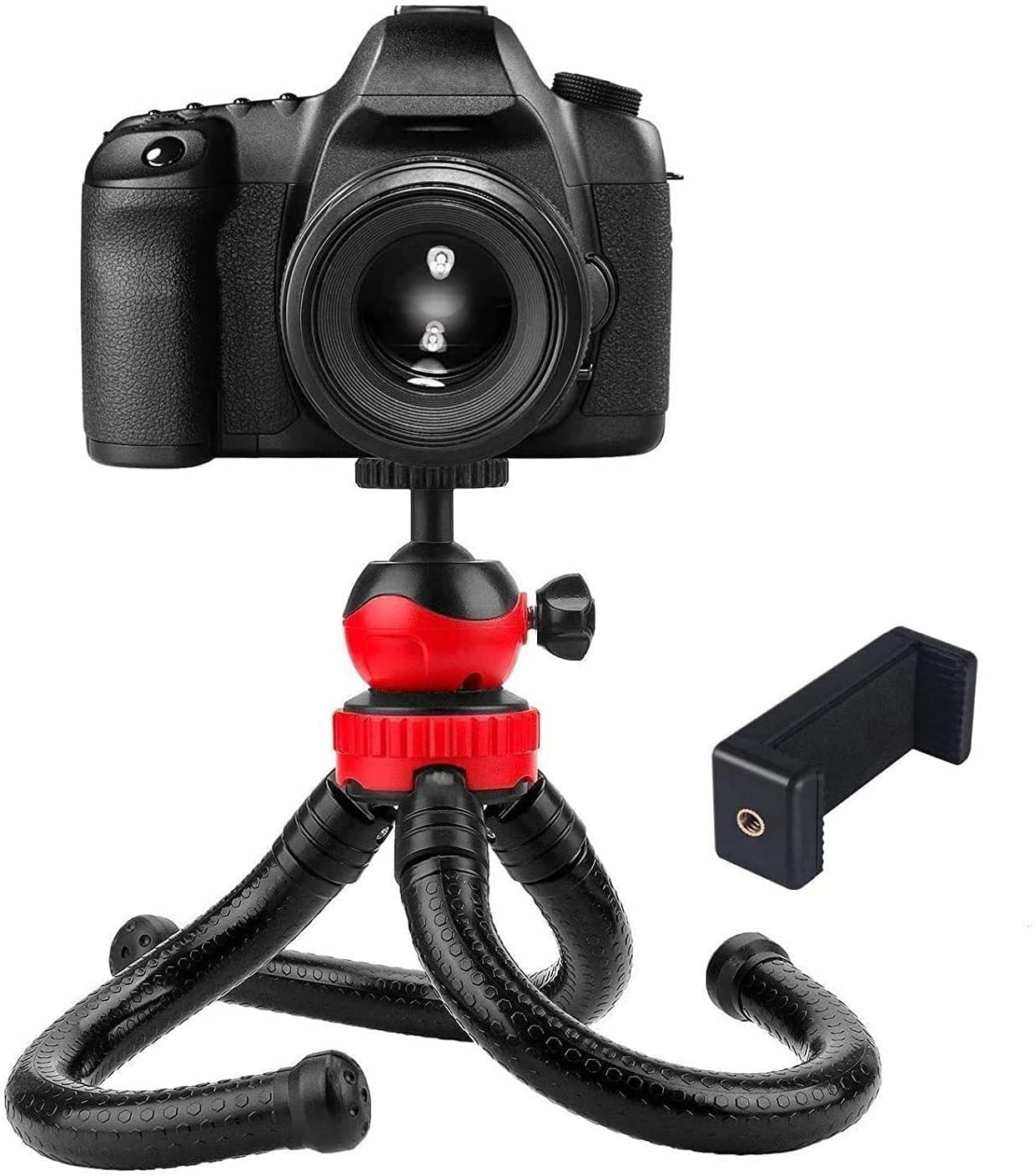 E-TECH Flexible Gorilla Tripod With 360° Rotating Ball Head Tripod For All DSLR Cameras (Max Load 1.5 kgs) & Mobile Phones + Free Heavy Duty Mobile Holder (12" Inch, Black/Red)