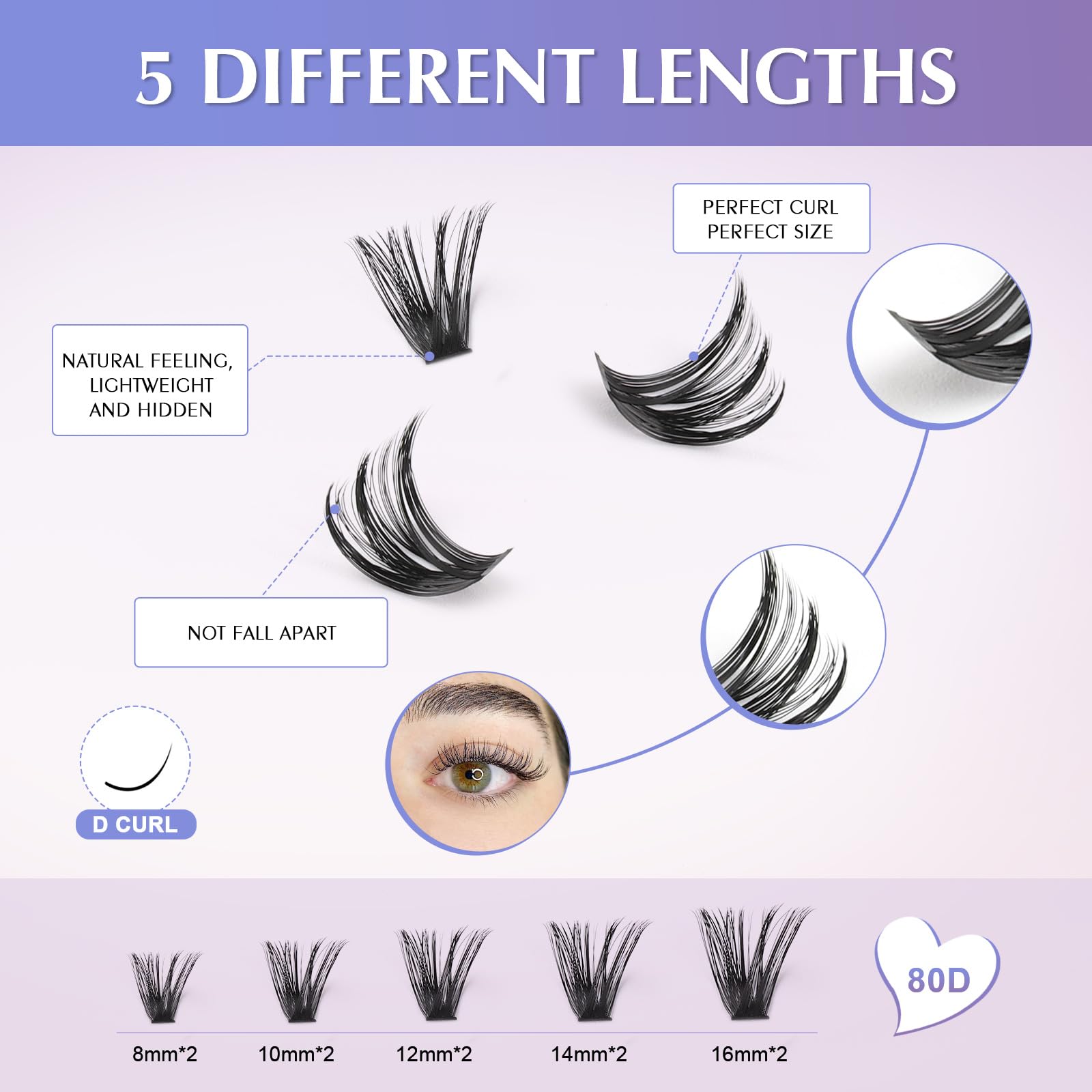 Oreola Individual Eyelash Extension 80D Natural Individual Lashes Cluster Wispy D Curl 0.07 Single Lashes DIY Lashes Extensions 8-16MM Mixed Pack - Image 4