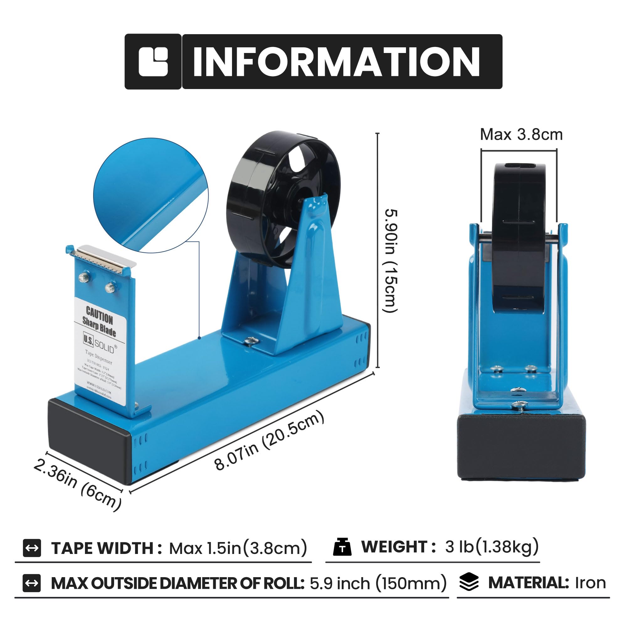 U.S. Solid Dispenser per nastro adesivo da scrivania, larghezza 3,8 cm, nucleo da 2,5 o 7,6 cm, ferro, blu