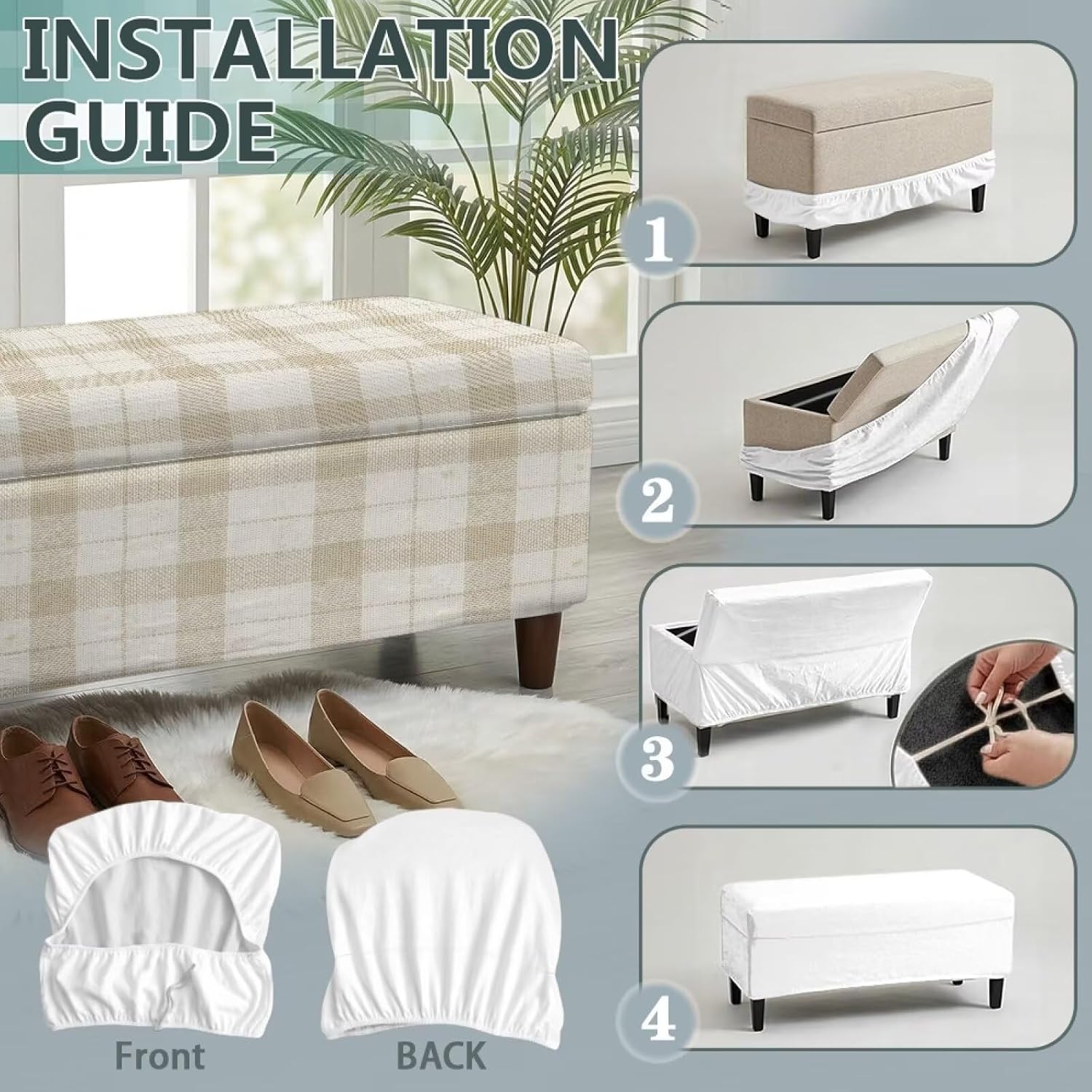 Storage Ottoman Bench Cover Stretch Ottoman Slipcover Rectangular Folding Storage Stool Covers Scratch Resistant Furniture Protector with Non-Slip Elastic Bottom, M, Beige Plaid