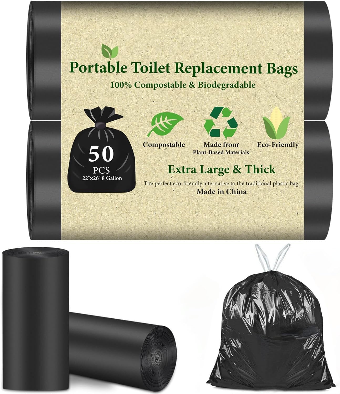 50 PCS Portable Toilet Bags for Camping, Drawstring Biodegradable Porta Potty Bags – 8 Gallon Thickened Waste Bag for 5 Gallon Bucket Toilets, Compostable Bag for Adults(50 Count)