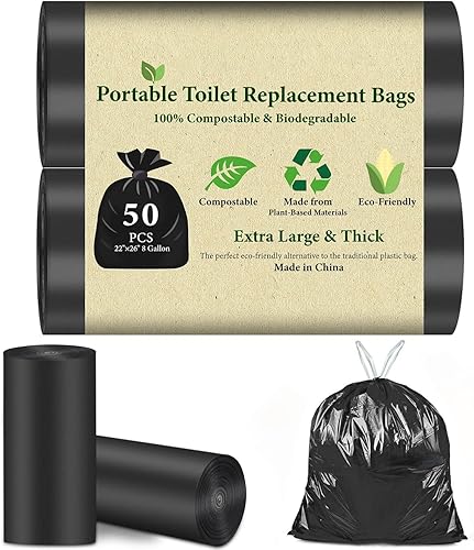50 bolsas de inodoro portátiles para campamento, bolsas biodegradables con cordón para orinal Porta  Bolsas de basura gruesas de 8 galones para