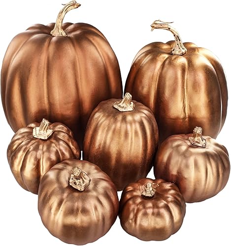 Winlyn 7 calabazas artificiales de bronce metálico de varios tamaños, calabazas rústicas decorativas de otoño, calabazas de espuma para regalos de