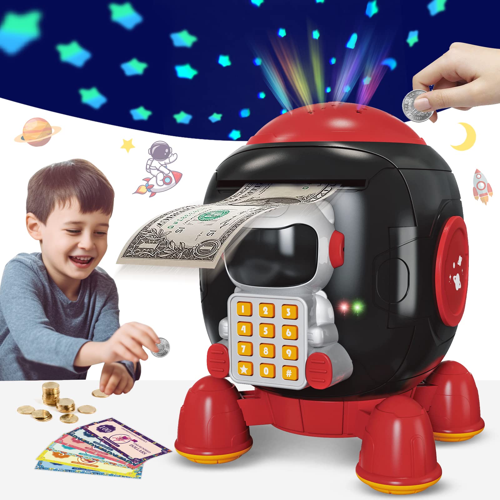 Tacopet Piggy Bank for Boys Girls Mini ATM Toys Money Bank for Kids Cash Coin Saving Box with Password Digital Electronic Money Box for Real Money Star Light Projector Starry Lamp Birthday Gifts