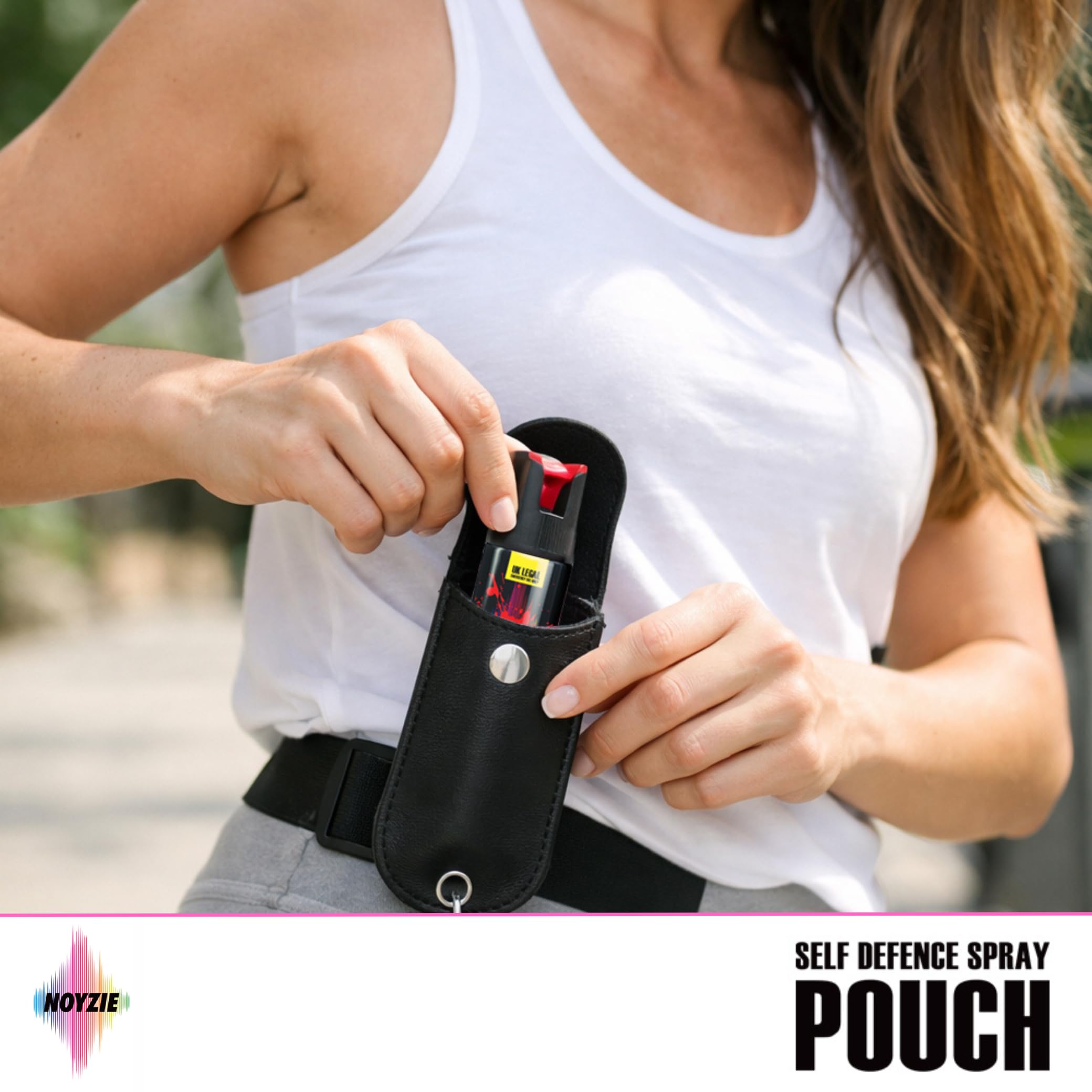Sacchetto spray autodifesa per taniche da 15 ml – Supporto in pelle PU con portachiavi e clip – Chiusura sicura con perno – Compatto e discreto