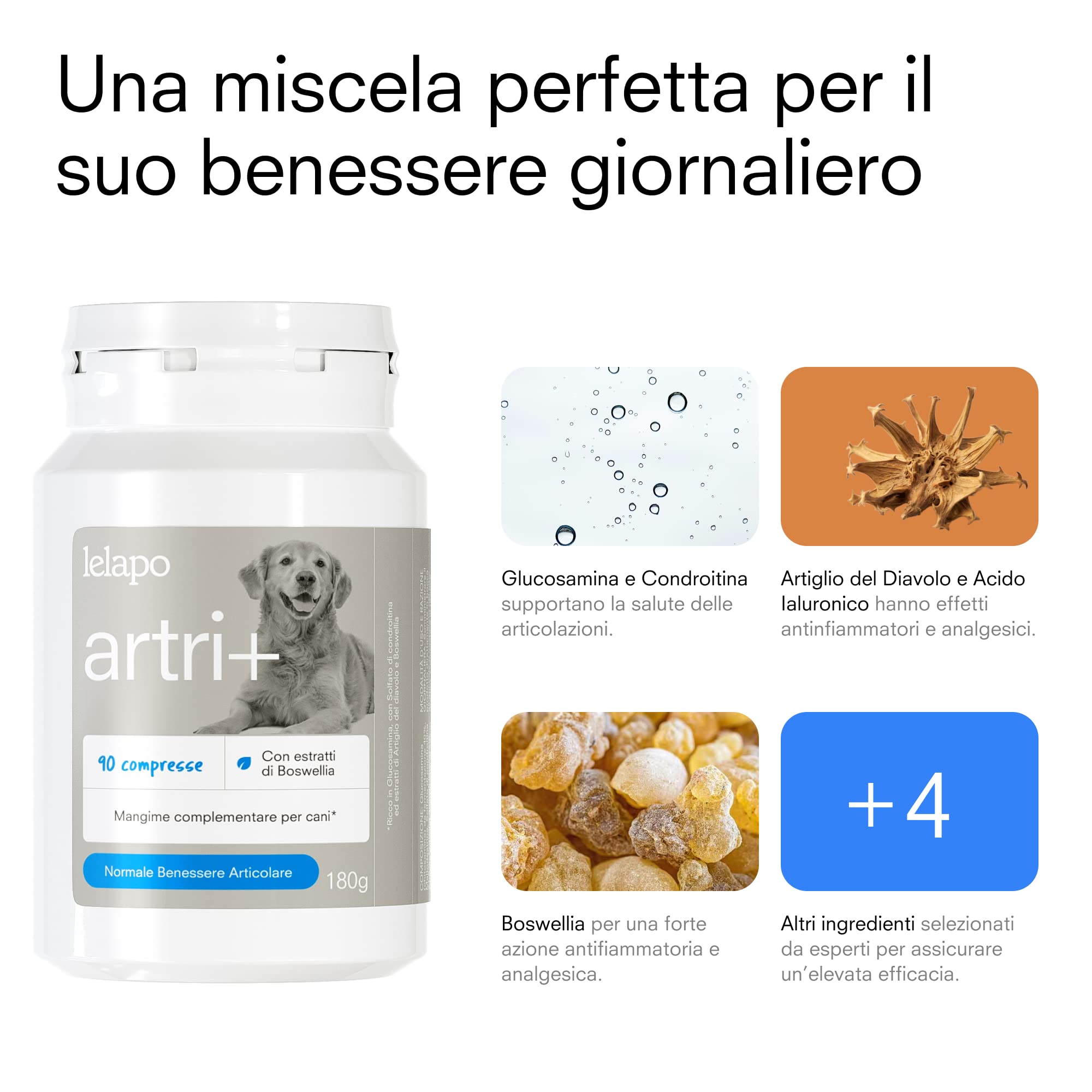 Artri+ Integratore Articolazioni Cane 90 Capsule Appetibili Mangime Complementare 500 mg Glucosamina + 280 mg Condroitina Con Artiglio del Diavolo e Boswellia Made in Italy