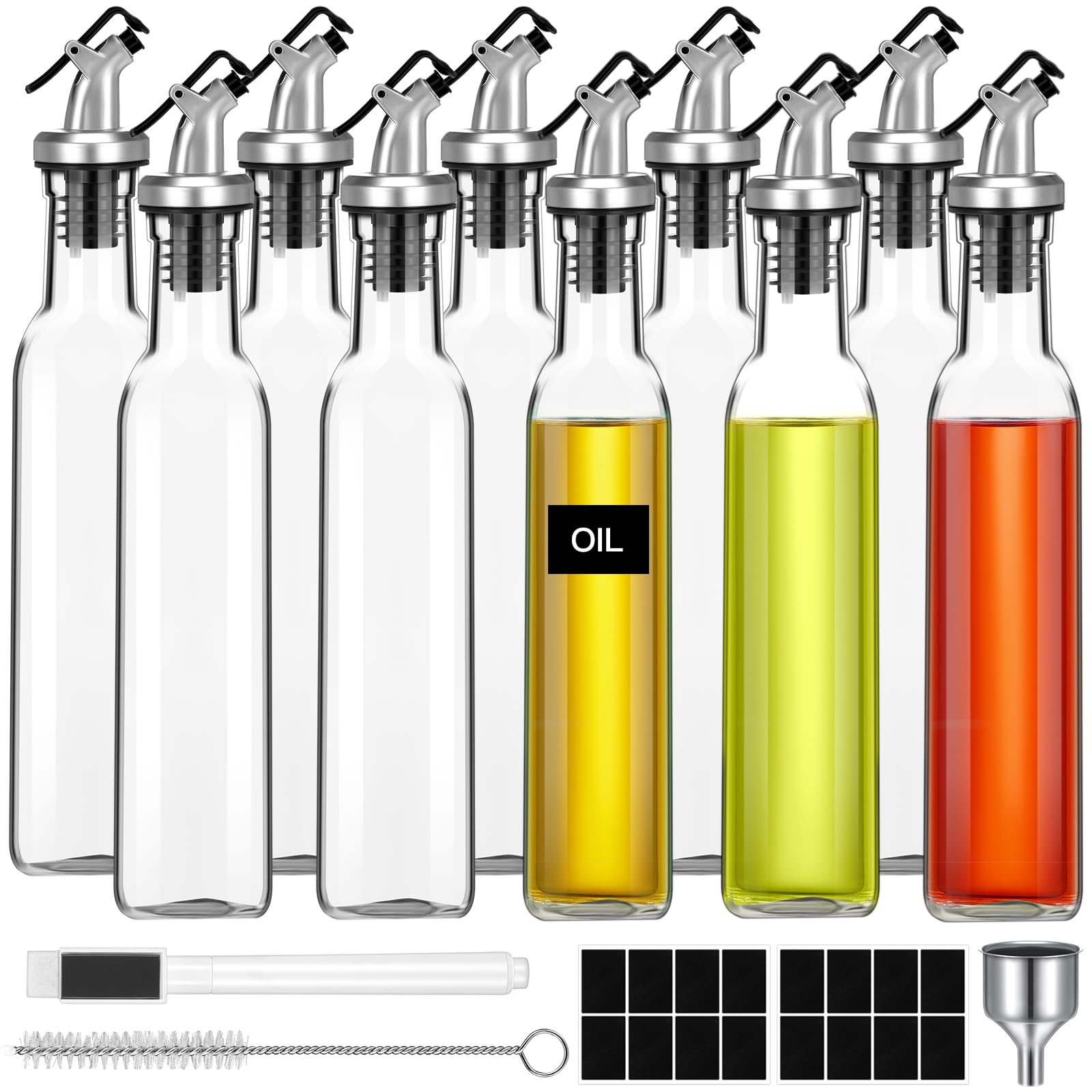 Uiifan Olivenöl-Flaschenspender-Set, Öl- und Essigspender, Glasbehälter mit 10 Ausgießern, 1 weißen Markern, 1 Metalltrichter, 1 Bürste und 16 leeren Etiketten für Küche, Kochen, 10 Stück