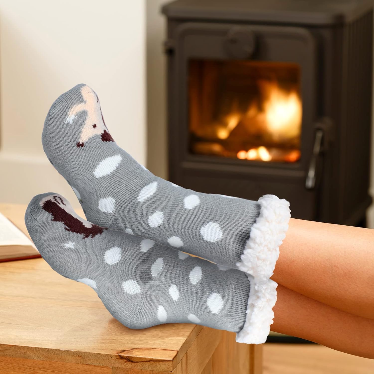 3 Pairs Women Fuzzy Slipper Socks with Grips Winter Warm Soft Fluffy Cozy Sleeping Socks Non Skid Cute Cat Animal for Winter Home House - Image 4