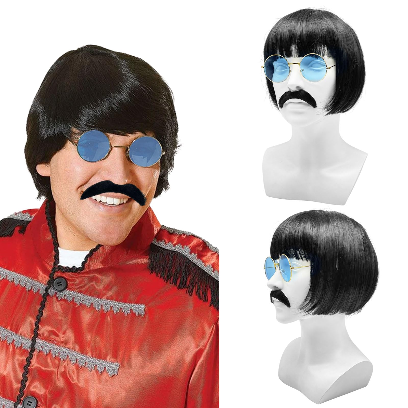 UILYNIU 3 Pieces Black Bob Wig 60s Rock Sergeant Set Black Short Wig Coloured Round Glasses Moustache Fancy Dress Accessory Kit 60s Pop Sergeant Halloween Party Dress Up Wigs