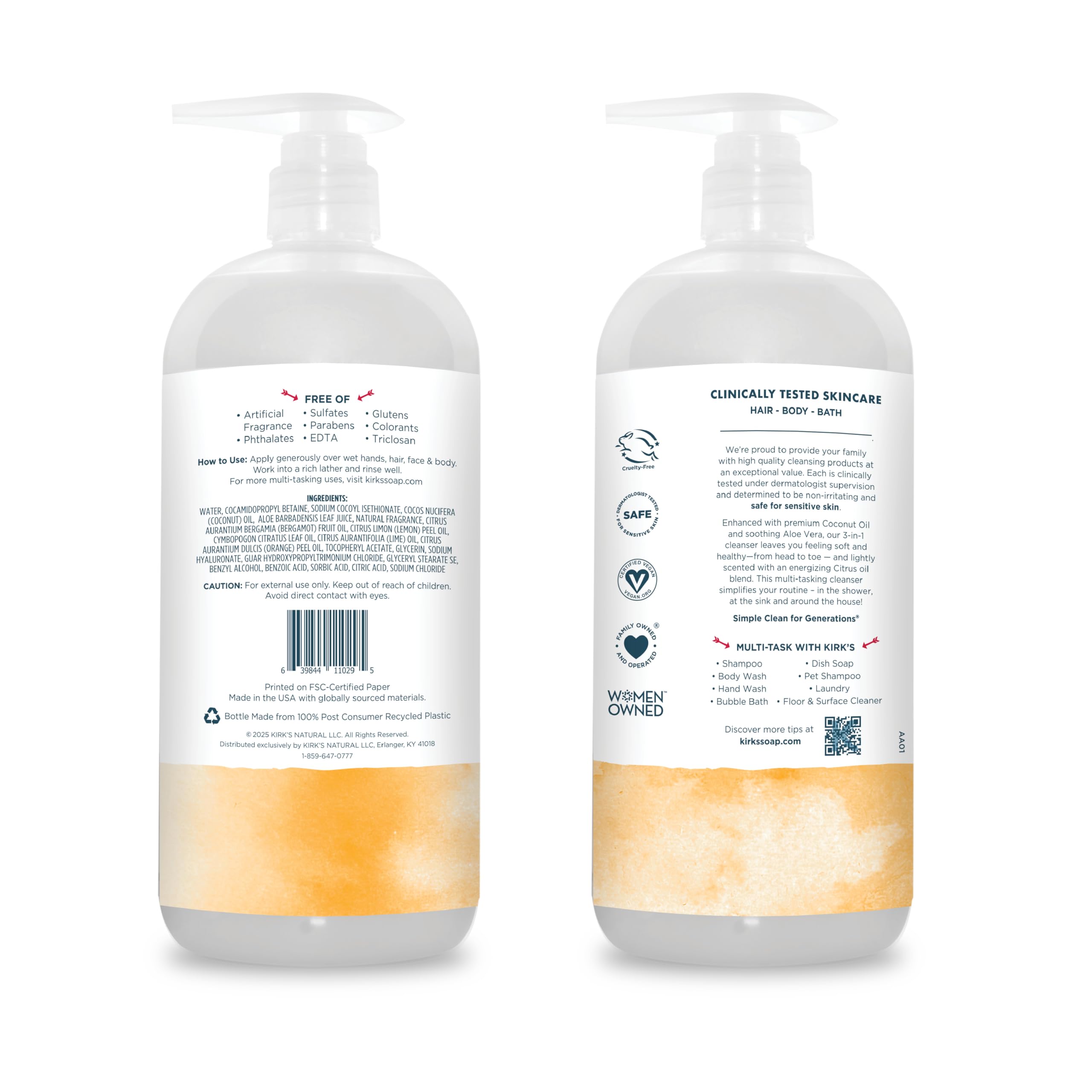 Kirk's 3-in-1 Head to Toe Nourishing Liquid Cleanser- for Men, Women & Children - Premium Coconut Oil & Aloe Vera- Non GMO & Vegan - Citrus Twist - 32 Fl Oz.