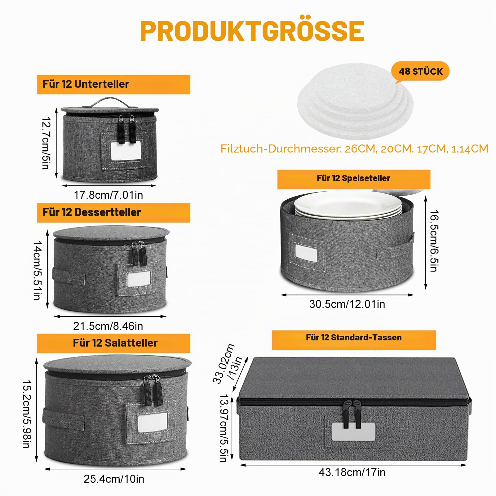 Aufbewahrungsbox für Geschirr, 5-tlg Filz Tellerhalter Aufbewahrungsbox mit Trennwänden und 48 Filztrennern für Teller, Becher, Essgeschirr, Weingläser, Becher, Platzsparend