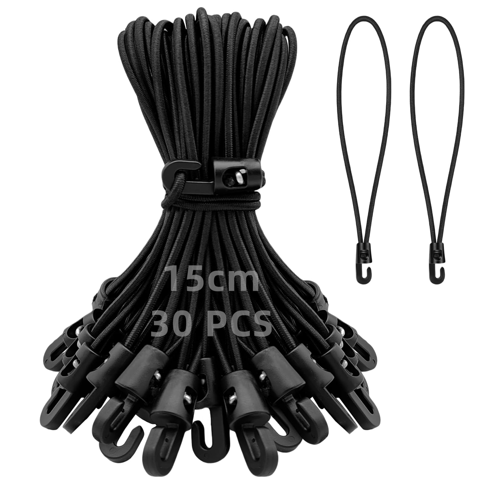 Obidodi Black 30Pcs Bungee Cords With Hooks, Elastic Short Bungee Ropes With Hooks, Small Tarpaulin Hooks, 6 Inch